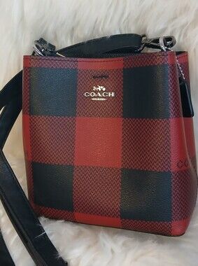 Coach Red & Black Buffalo Plaid Mini Bucket Crossbody